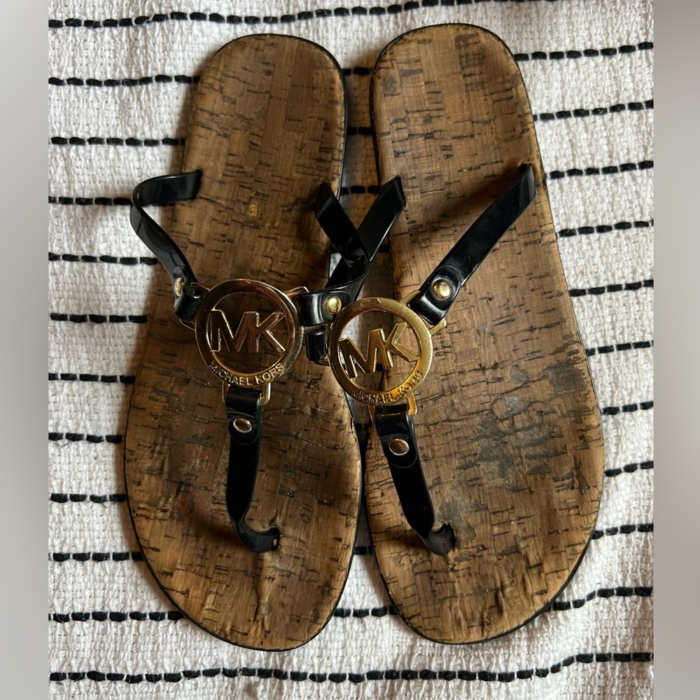 2 Pairs! Michael Kors Cork Footbed Sandals, Logo, black and silver, size 9 - Picture 2 of 13